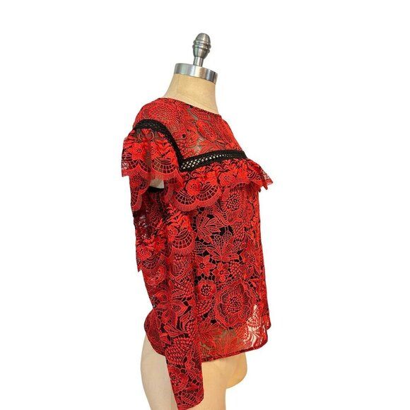RED CARTER Sheffield Red Lace Top In Carmine Cold Shoulder Size XS - Picture 3 of 8